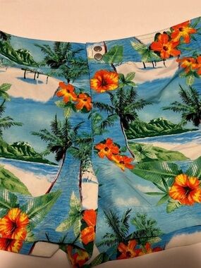 Tropical Floral Hawaiian Print Shorts - Bright Blue & Orange